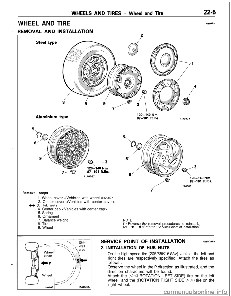 MITSUBISHI ECLIPSE 1991  Service Manual WHEELS AND TIRES - Wheel and Tire22-5
WHEEL AND TIRE
- REMOVAL AND INSTALLATIONSteel typeAluminium type
120-140 Nm87-101 ft.lbs.
1 lA0267
Removal steps
1. Wheel cover <Vehicles with wheel cover>2. Cen