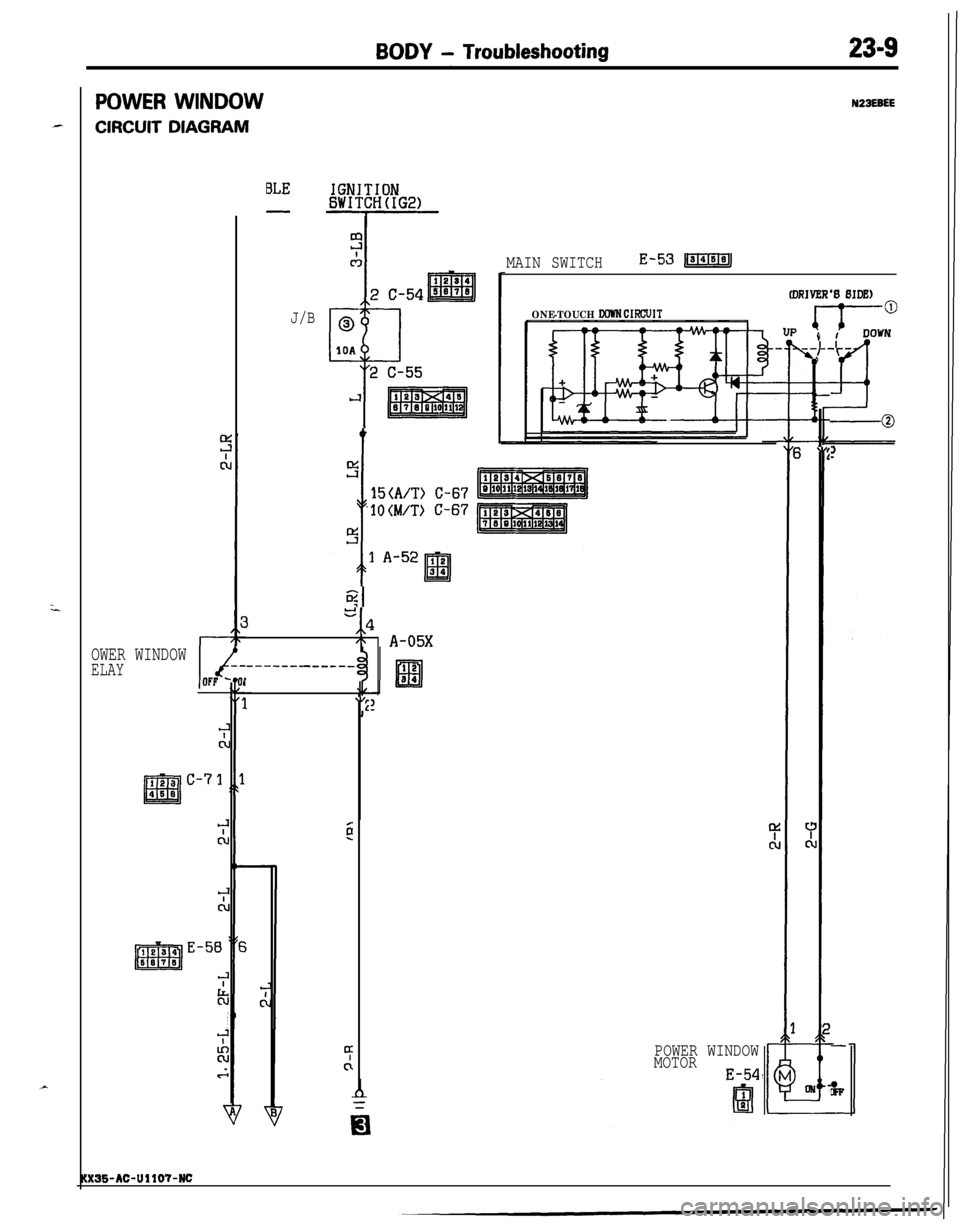 MITSUBISHI ECLIPSE 1991  Service Manual BODY - Troubleshooting23-9
POWER WINDOW
CIRCUIT DIAGRAM
N23EBEE
MAIN SWITCHE-53JIGl=MJ
ONE-TOUCH WWN CIFXXJITJ/B
I
8
c
\,:
-0
t
!Ti
i
15(A/T) C-67
1OWT) C-67
5
e,,*
\ A-05X
-------___-_
1
\I2
OWER W