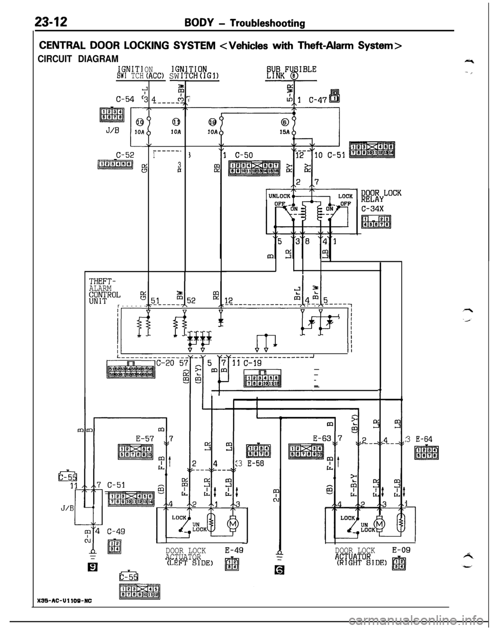 MITSUBISHI ECLIPSE 1991  Service Manual 2342BODY - Troubleshooting
CENTRAL DOOR LOCKING SYSTEM <Vehicles with Theft-Alarm System>
CIRCUIT DIAGRAM
IGNITISW1 TCH
c
c-54 c
ONIGI(ACC) SW-
r334
9P------.IX
0
10A
\/------.1
43bC-52-:
THEFT-ALARM