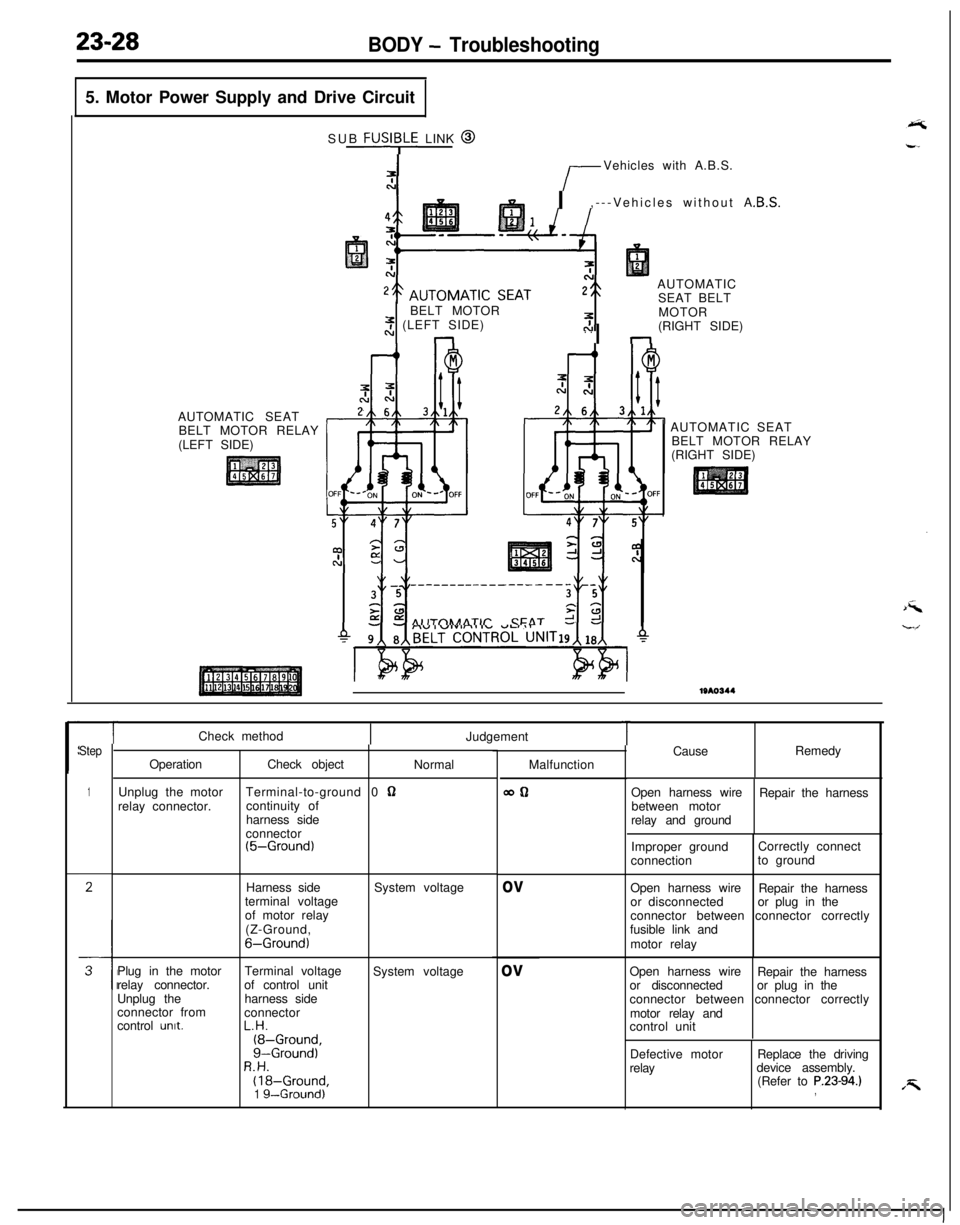 MITSUBISHI ECLIPSE 1991 Service Manual 23-28BODY - Troubleshooting5. Motor Power Supply and Drive Circuit
AUTOMATIC SEAT
BELT MOTOR RELAY
(LEFT SIDE)SUB
FUSI;LE LINK @
r-Vehicles with A.B.S.
I,---Vehicles without A
AUTOMATIC
SEAT BELT
BEL MITSUBISHI ECLIPSE 1991 Service Manual 23-28BODY - Troubleshooting5. Motor Power Supply and Drive Circuit
AUTOMATIC SEAT
BELT MOTOR RELAY
(LEFT SIDE)SUB
FUSI;LE LINK @
r-Vehicles with A.B.S.
I,---Vehicles without A
AUTOMATIC
SEAT BELT
BEL