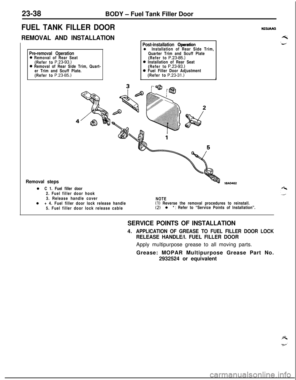 MITSUBISHI ECLIPSE 1991  Service Manual 23-38BODY - Fuel Tank Filler Door
FUEL TANK FILLER DOOR
REMOVAL AND INSTALLATIONN23JAA0
Pre-removal Operatione Removal of Rear Seat
(Refer to P.23-93.)0 Removal of Rear Side Trim, Quart-
er Trim and S