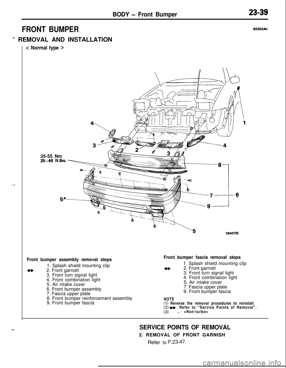 MITSUBISHI ECLIPSE 1991  Service Manual BODY - Front Bumper
FRONT BUMPER
- REMOVAL AND INSTALLATION
< Normal type >
23-39
N232AAU35-55 Nm25-40 
ft.lbs.
”18A0725
Front bumper assembly removal steps1. Splash shield mounting clip
a*2. Front 
