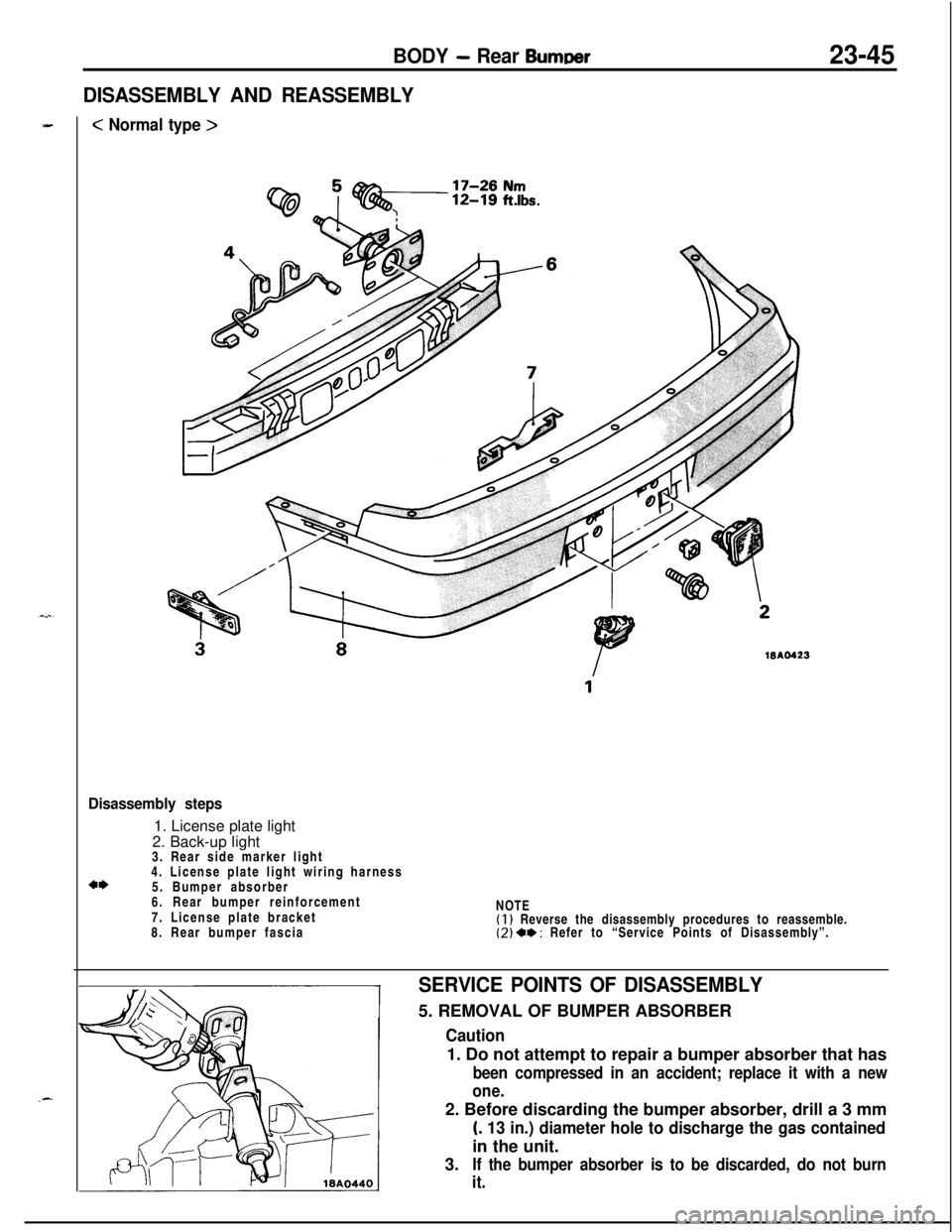 MITSUBISHI ECLIPSE 1991  Service Manual BODY - Rear Bummer23-45
DISASSEMBLY AND REASSEMBLY<
 Normal type >
Disassembly steps1. License plate light
2. Back-up light
3. Rear side marker light
4. License plate light wiring harness
5. Bumper ab