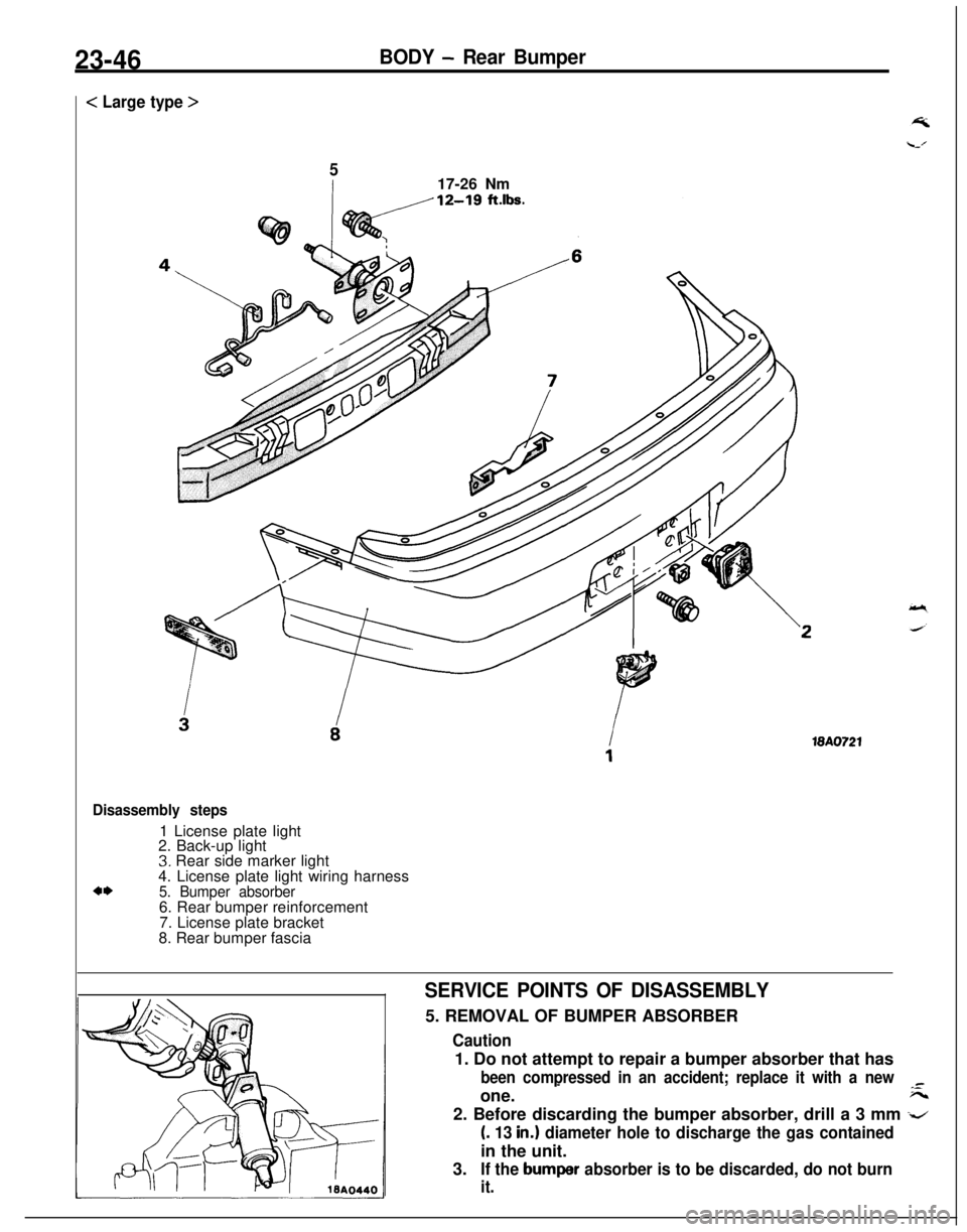 MITSUBISHI ECLIPSE 1991  Service Manual 23-46BODY - Rear Bumper
< Large type >
517-26 Nm
18A0721
Disassembly steps1 License plate light
2. Back-up light
3. Rear side marker light
4. License plate light wiring harness
4*5. Bumper absorber6. 