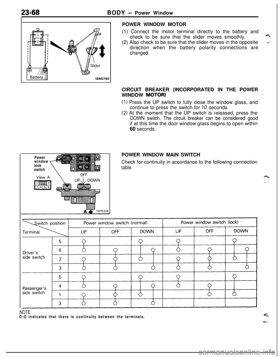 MITSUBISHI ECLIPSE 1991  Service Manual 23-68BODY - Power Window
Power
window
lock
switch
,POWER WINDOW MOTOR
(1) Connect the motor terminal directly to the battery and
check to be sure that the slider moves smoothly.
(2) Also check to be s