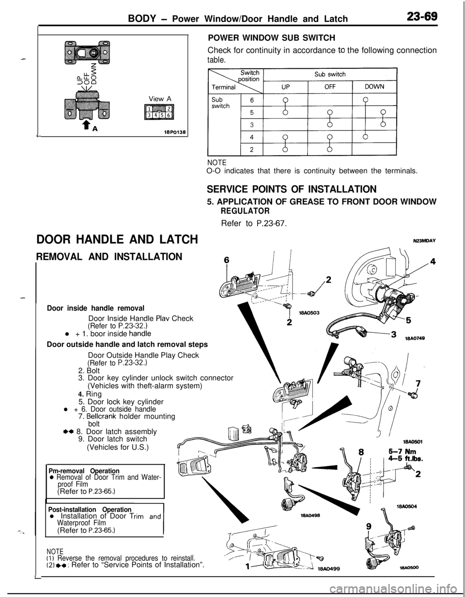 MITSUBISHI ECLIPSE 1991 Service Manual BODY - Power Window/Door Handle and Latch23-69
I-
DOOR HANDLE AND LATCHPOWER WINDOW SUB SWITCH
Check for continuity in accordance
10 the following connection
table.
NOTEO-O indicates that there is co MITSUBISHI ECLIPSE 1991 Service Manual BODY - Power Window/Door Handle and Latch23-69
I-
DOOR HANDLE AND LATCHPOWER WINDOW SUB SWITCH
Check for continuity in accordance
10 the following connection
table.
NOTEO-O indicates that there is co