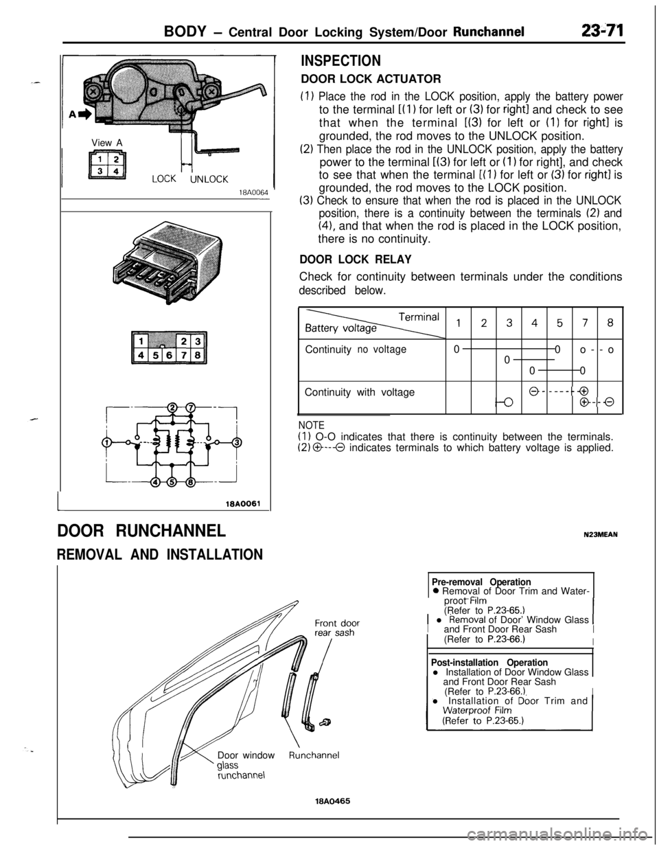 MITSUBISHI ECLIPSE 1991 Service Manual BODY - Central Door Locking System/Door Runchannel23-71View A
18A0064-
L
DOOR RUNCHANNEL
REMOVAL AND INSTALLATION
INSPECTIONDOOR LOCK ACTUATOR
(1) Place the rod in the LOCK position, apply the battery MITSUBISHI ECLIPSE 1991 Service Manual BODY - Central Door Locking System/Door Runchannel23-71View A
18A0064-
L
DOOR RUNCHANNEL
REMOVAL AND INSTALLATION
INSPECTIONDOOR LOCK ACTUATOR
(1) Place the rod in the LOCK position, apply the battery