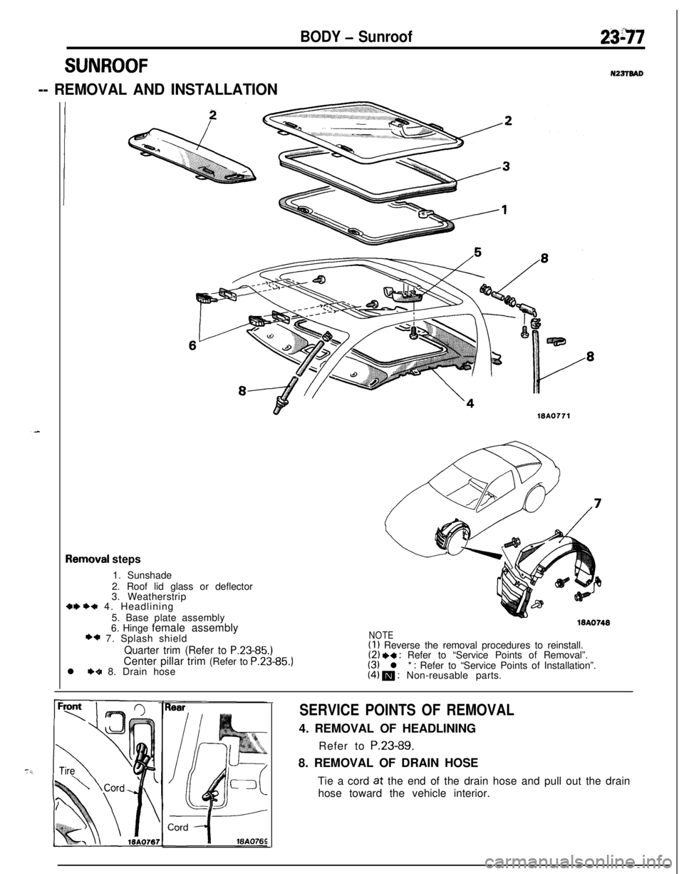 MITSUBISHI ECLIPSE 1991  Service Manual BODY - Sunroof2397
SUNROOFN22TTBAD
-- REMOVAL AND INSTALLATION
demoval steps
1. Sunshade
2. Roof lid glass or deflector
3. Weatherstrip
+w ++ 4. Headlining
5. Base plate assembly
6. Hinge female assem