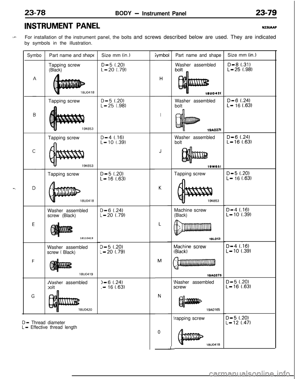 MITSUBISHI ECLIPSE 1991 Service Manual 23-78BODY -Instrument Panel23-79
INSTRUMENT PANELNZBUAAPI_-
For installation of the instrument panel, the bolts and screws described below are used. They are indicated
by symbols in the illustration.
MITSUBISHI ECLIPSE 1991 Service Manual 23-78BODY -Instrument Panel23-79
INSTRUMENT PANELNZBUAAPI_-
For installation of the instrument panel, the bolts and screws described below are used. They are indicated
by symbols in the illustration.