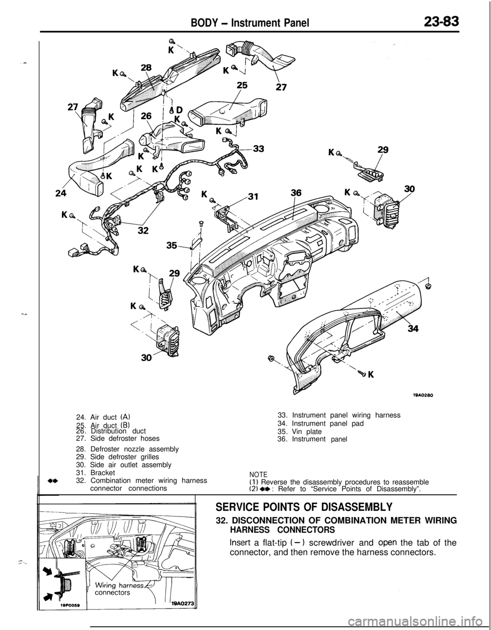 MITSUBISHI ECLIPSE 1991  Service Manual BODY - Instrument Panel23-83
191026024. Air duct 
(A)25. Air duct 
(B)26.Distribution duct
27.Side defroster hoses
28. Defroster nozzle assembly
29. Side defroster grilles
30. Side air outlet assembly