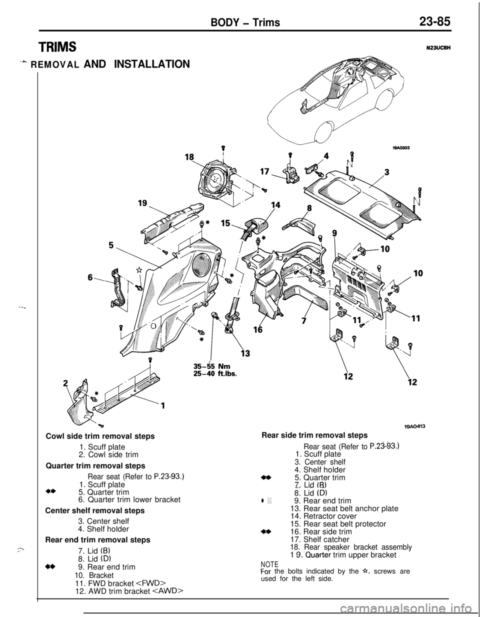 MITSUBISHI ECLIPSE 1991  Service Manual BODY - Trims23-85
TRIMS
‘A REMOVAL AND INSTALLATION
6,Cowl side trim removal steps
1. Scuff plate
2. Cowl side trim
Quarter trim removal steps
Rear seat (Refer to P.23-93.1. Scuff plate
a*5. Quarter