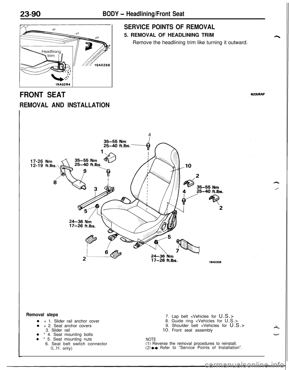 MITSUBISHI ECLIPSE 1991  Service Manual 23-90BODY - Headlining/Front Seat
19A0294
FRONT SEAT
REMOVAL AND INSTALLATION17-26
12-19
SERVICE POINTS OF REMOVAL5. REMOVAL OF HEADLINING TRIM
Remove the headlining trim like turning it outward.
NZBU