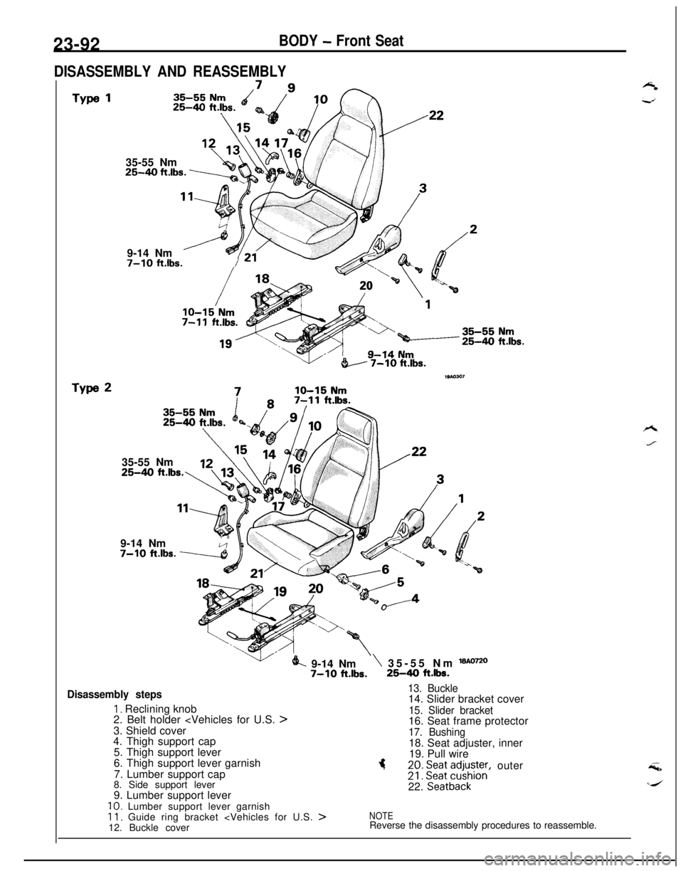 MITSUBISHI ECLIPSE 1991  Service Manual 23-92BODY - Front Seat
DISASSEMBLY AND REASSEMBLY35-55 Nm
25-40 ft.lbs. ---.-.,9-14 Nm
6
7-10 ft.lbs./
e 7-10 ft.lbs.
19Ao3m35-55 Nm
25-40 ft.lbs.9-14 Nm
r I
7-10 ft.lbs. 4
k 9-14 Nm\ 35-55 Nm 18A0720