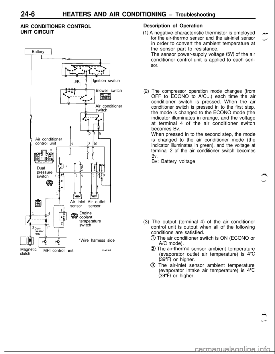 MITSUBISHI ECLIPSE 1991 Service Manual 24-6HEATERS AND AIR CONDITIONING - TroubleshootingAIR CONDITIONER CONTROL
UNIT CIRCUIT
1 Battery IBlower switch
litalAir conditioner
IAir inlet Air outlet1-isensorsensor
temperature
Corn- L Tpressor
r MITSUBISHI ECLIPSE 1991 Service Manual 24-6HEATERS AND AIR CONDITIONING - TroubleshootingAIR CONDITIONER CONTROL
UNIT CIRCUIT
1 Battery IBlower switch
litalAir conditioner
IAir inlet Air outlet1-isensorsensor
temperature
Corn- L Tpressor
r