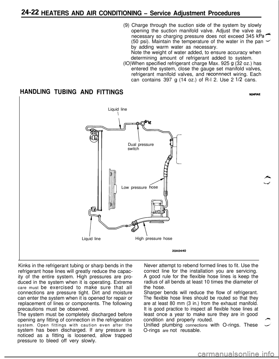 MITSUBISHI ECLIPSE 1991  Service Manual 24-22 HEATERS AND AIR CONDITIONING - Service Adjustment Procedures(9) Charge through the suction side of the system by slowly
opening the suction manifold valve. Adjust the valve as
necessary so charg