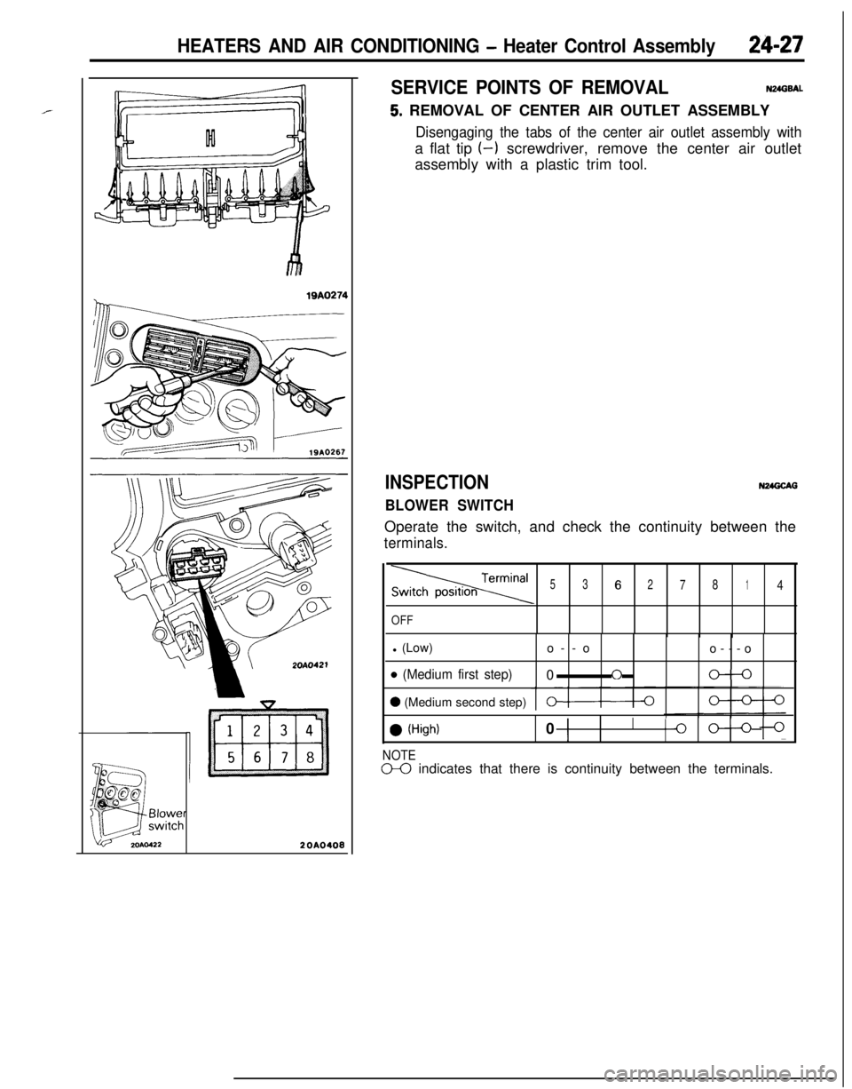 MITSUBISHI ECLIPSE 1991  Service Manual HEATERS AND AIR CONDITIONING - Heater Control Assembly24-27
lQA0274
20A0408
SERVICE POINTS OF REMOVALN24GBAL
5. REMOVAL OF CENTER AIR OUTLET ASSEMBLY
Disengaging the tabs of the center air outlet asse
