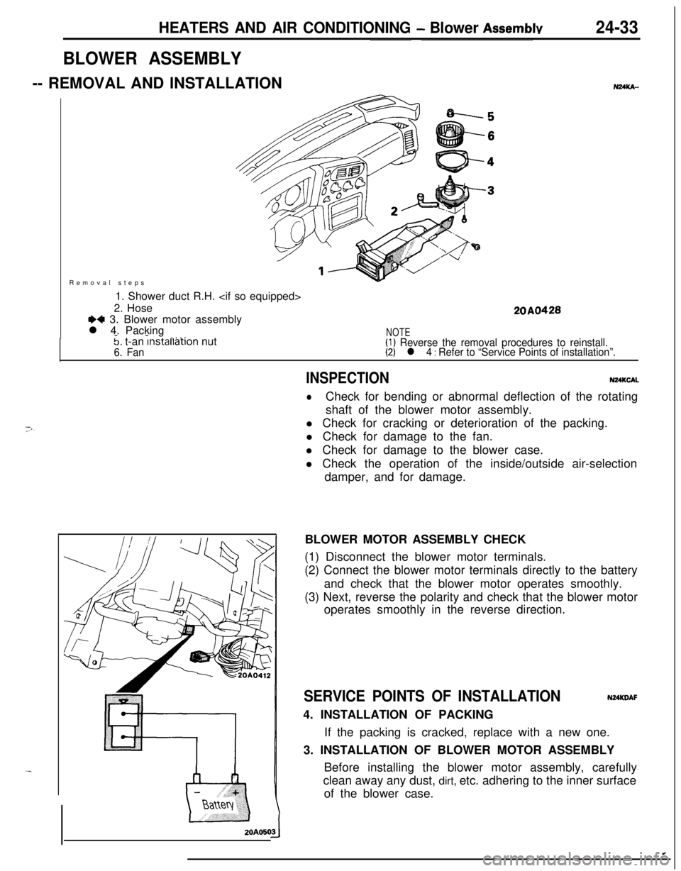MITSUBISHI ECLIPSE 1991 Service Manual HEATERS AND AIR CONDITIONING - Blower Assemblv24-33Removal steps
1. Shower duct R.H. <if so equipped>
2. Hose
+4 3. Blower motor assembly
l 4. Packing
--
. . . .
20A0428
5. t-an lnstallatlon nut6. Fan MITSUBISHI ECLIPSE 1991 Service Manual HEATERS AND AIR CONDITIONING - Blower Assemblv24-33Removal steps
1. Shower duct R.H. <if so equipped>
2. Hose
+4 3. Blower motor assembly
l 4. Packing
--
. . . .
20A0428
5. t-an lnstallatlon nut6. Fan