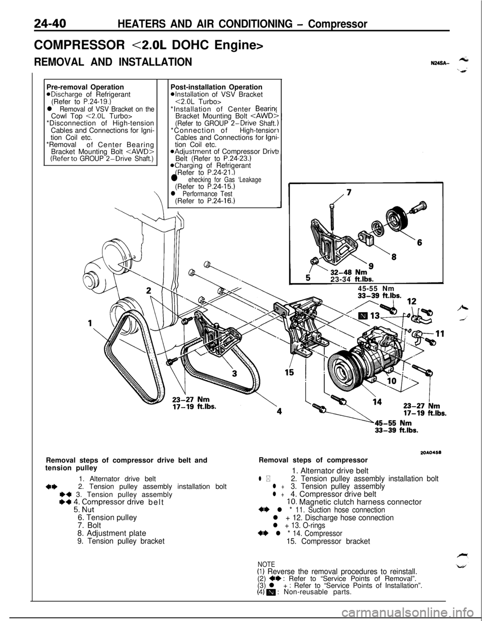 MITSUBISHI ECLIPSE 1991  Service Manual 24-40HEATERS AND AIR CONDITIONING - CompressorCOMPRESSOR 
<2.0L DOHC Engine>
REMOVAL AND INSTALLATIONPre-removal OperationaDischarge of Refrigerant
(Refer to 
P.24-19.)l Removal of VSV Bracket on theC