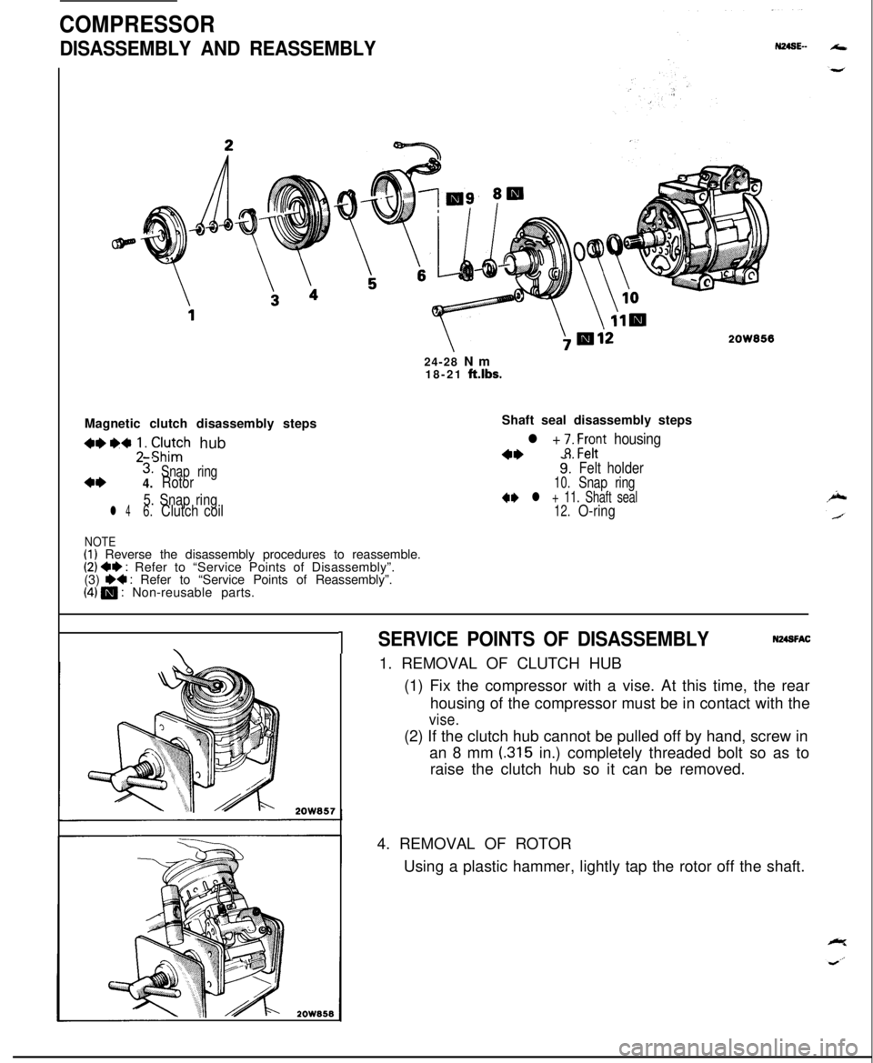 MITSUBISHI ECLIPSE 1991  Service Manual COMPRESSOR
DISASSEMBLY AND REASSEMBLY24-28 Nm
18-21 
ft.lbs.Magnetic clutch disassembly steps
4eW ;. tIu;h hub
3:Snap ring4*4.Rotor
5. Snap ring
l 46.Clutch coilShaft seal disassembly steps
4*
l + ;. 
