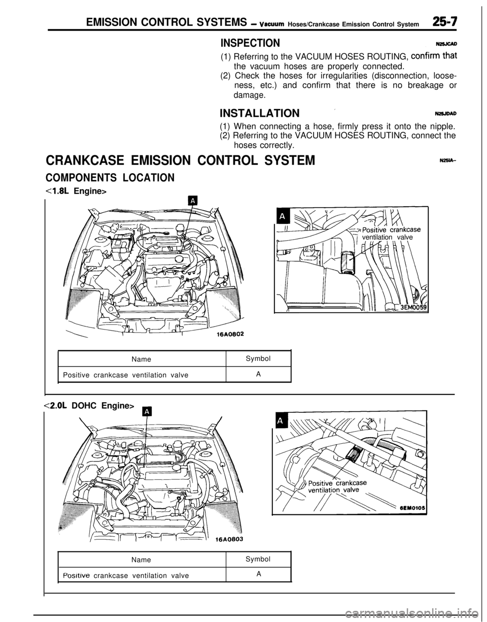 MITSUBISHI ECLIPSE 1991  Service Manual EMISSION CONTROL SYSTEMS - vacuumHoses/Crankcase Emission Control System25-7
INSPECTION(1) Referring to the VACUUM HOSES ROUTING, 
confirm2the vacuum hoses are properly connected.
(2) Check the hoses 