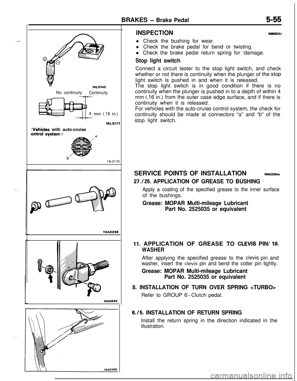MITSUBISHI ECLIPSE 1991  Service Manual BRAKES - Brake Pedal5-55
14L0142No continuity
Continuity
mm 
t.16 in.)
14LO171
:Vehicles with auto-cruiseontrol svstem>
14A0256
14ll0050
INSPECTIONNoMicAll Check the bushing for wear.
l Check the brak