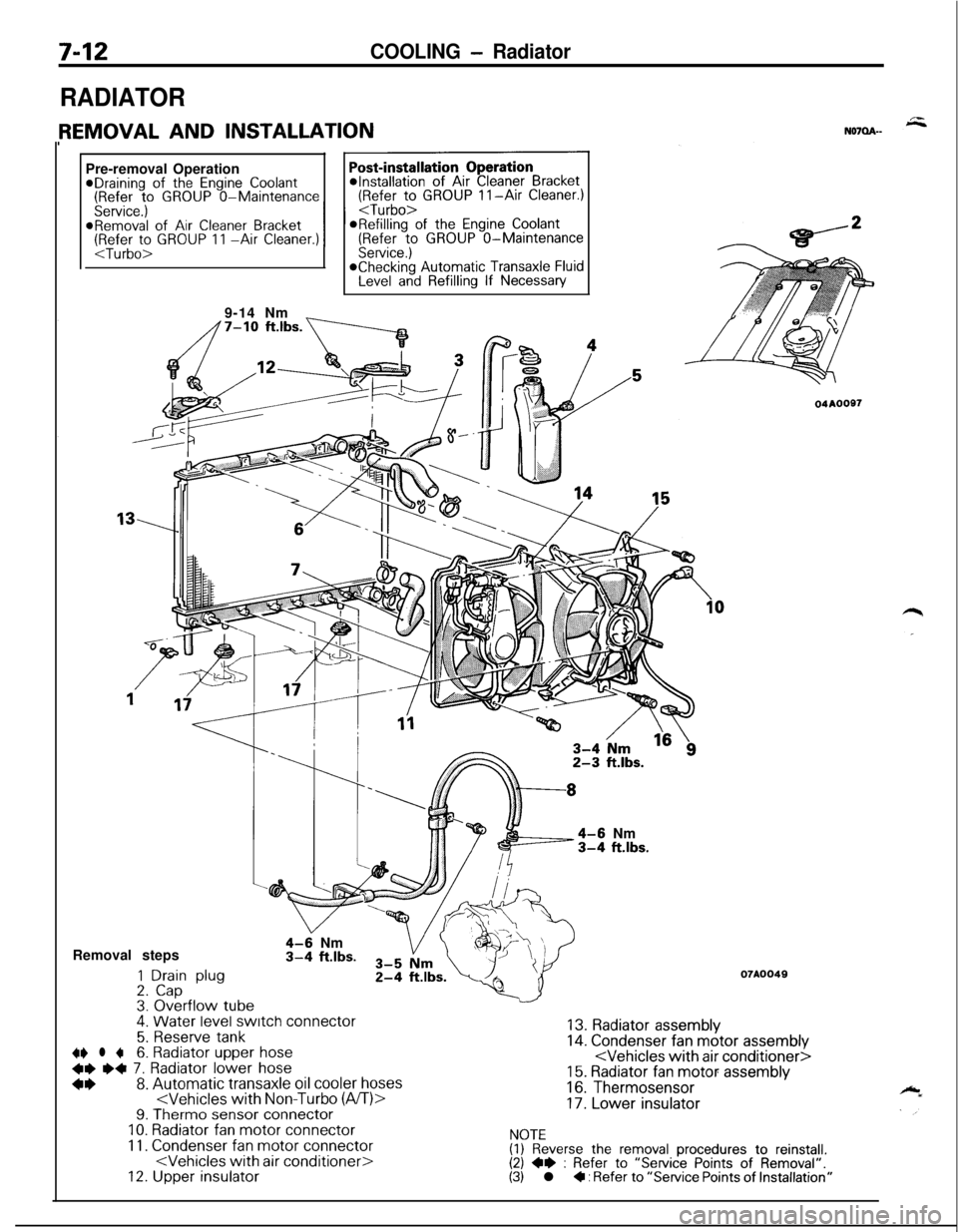 MITSUBISHI ECLIPSE 1991  Service Manual 7-12COOLING - Radiator
RADIATORPre-removal Operation
@Draining of the Engine Coolant(Refer to GROUP O-Maintenance(Refer to GROUP II-Air Cleaner.)
Service.)
I I
<Turbo>@Removal of Air Cleaner BracketOR