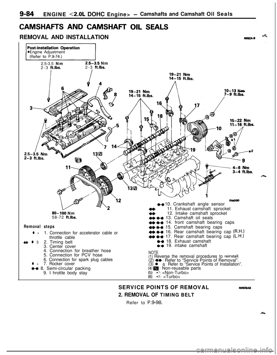 MITSUBISHI ECLIPSE 1991  Service Manual 9-84ENGINE <2.0L DOHC Engine> -Camshafts and Camshaft Oil Seals
CAMSHAFR AND CAMSHAR OIL SEALSREMOVAL AND INSTALLATION
No8u-s
ppEJ=-j2.5-3.5 Nm
2.5-3.5 Nm
2-3 ft.lbs.2-3 ft.lbs.
lo-13 Nm
olmlzo++ 10. 