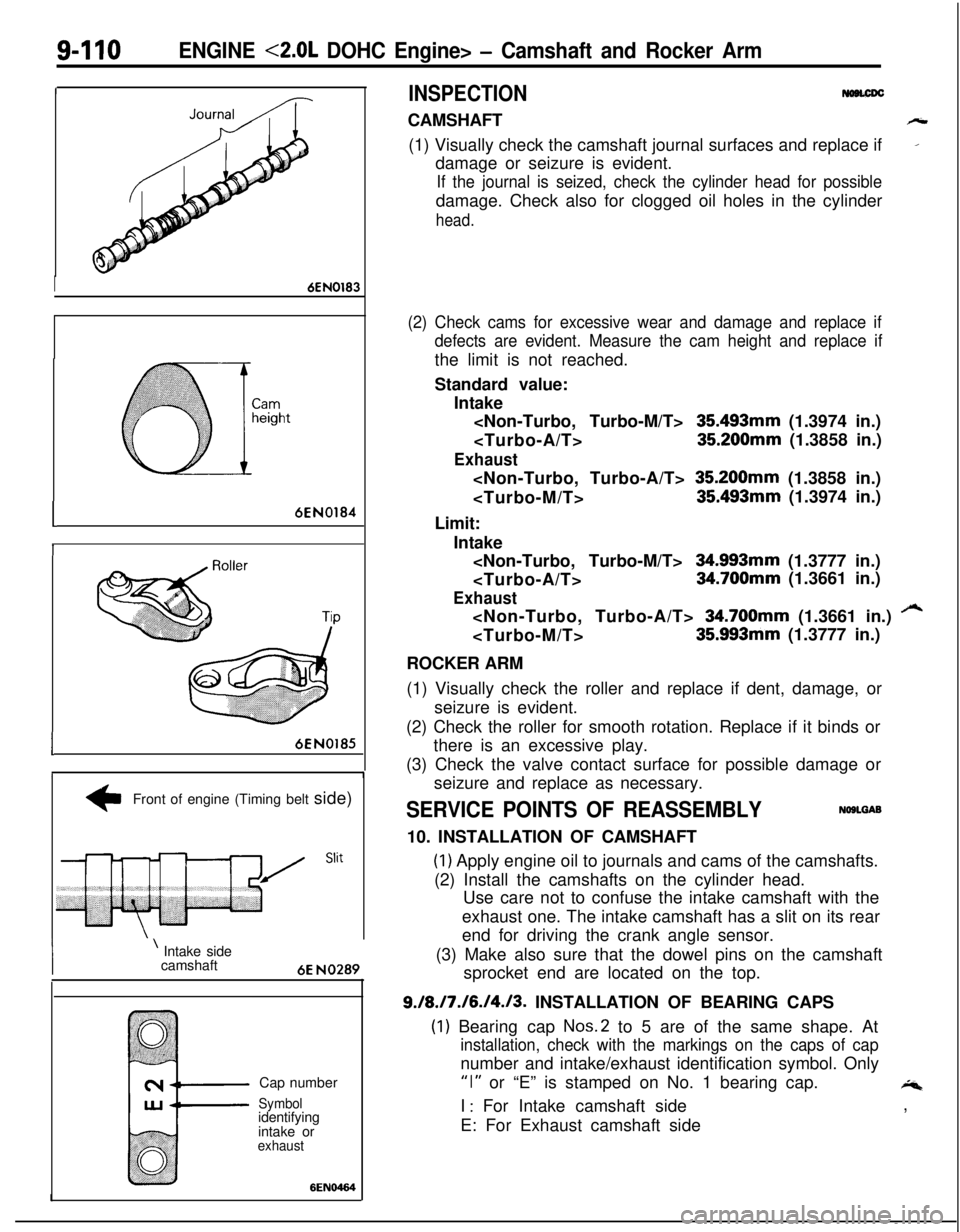 MITSUBISHI ECLIPSE 1991  Service Manual 9-110ENGINE <2.0L DOHC Engine> - Camshaft and Rocker Arm
I
I6EN0183
I6EN0184
I
I6EN0185
,I
+Front of engine (Timing belt side)
WIB’ S’it
’ Intake side
camshaft
6E NO289Cap number
Symbolidentifyi