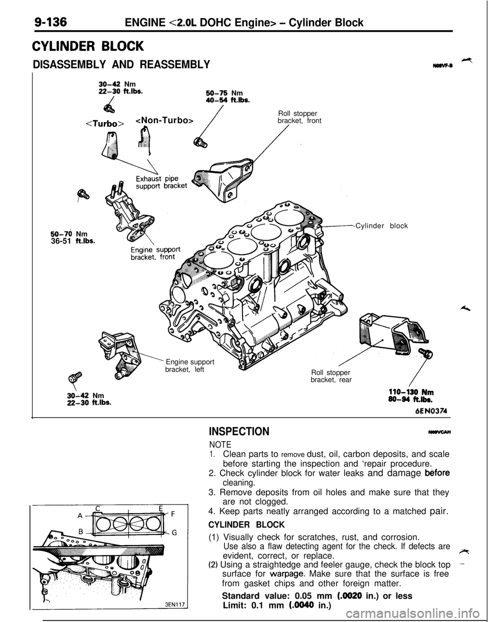 MITSUBISHI ECLIPSE 1991  Service Manual 9-136ENGINE <2.0L DOHC Engine> - Cylinder Block
CYLINDER BLOCK
DISASSEMBLY AND REASSEMBLY,+Ymaw-030-42 Nm22-30 ft.lbs.
/50-75 Nm40-54 ft.lbs.
4a<Non-Turbo>
<T7! o
/
r.‘?’
’ cRoll stopper
bracket