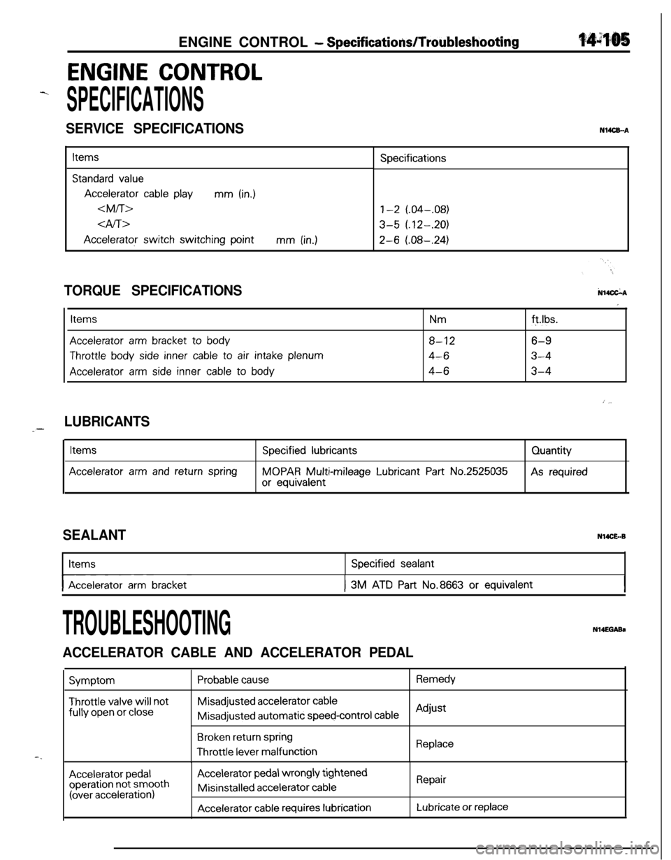 MITSUBISHI ECLIPSE 1991  Service Manual ENGINE CONTROL - SpecificatiodTroubleshooting
ENGINE CONTROL
-.
SPECIFICATIONS
SERVICE SPECIFICATIONSN14CEA
Items
Standard value
Accelerator cable playmm (in.)
<M/T>
dfi>
Accelerator switch switching 