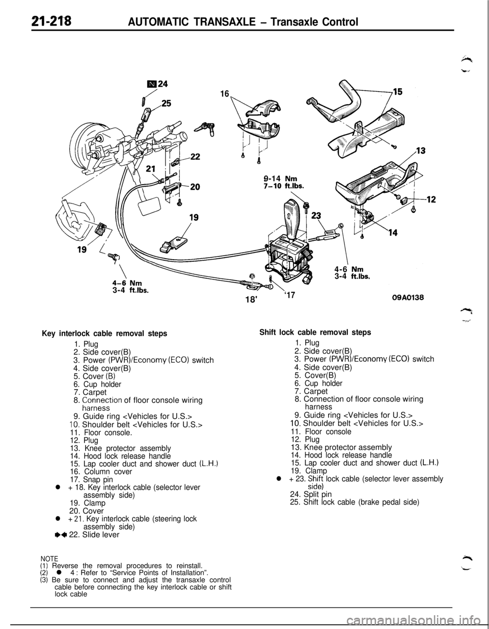MITSUBISHI ECLIPSE 1991 Service Manual 2l-218AUTOMATIC TRANSAXLE - Transaxle Control
724
169-14
Nm7-10 ftlbs.7
\\4-6 Nm3-4 ft.lbs.3-4
ft.lbs.
Key interlock cable removal steps
1. Plug2. Side cover(B)
3. Power
(PWR)/Economy (ECO) switch
MITSUBISHI ECLIPSE 1991 Service Manual 2l-218AUTOMATIC TRANSAXLE - Transaxle Control
724
169-14
Nm7-10 ftlbs.7
\\4-6 Nm3-4 ft.lbs.3-4
ft.lbs.
Key interlock cable removal steps
1. Plug2. Side cover(B)
3. Power
(PWR)/Economy (ECO) switch