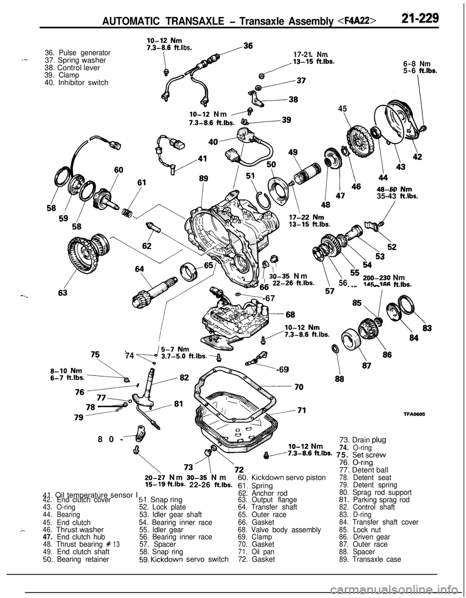 MITSUBISHI ECLIPSE 1991 Service Manual AUTOMATIC TRANSAXLE - Transaxle Assembly <F4A22>B-229
36. Pulse generator37. Spring washer
38. Control lever
39. Clamp40. Inhibitor switch
ln ~19 Nm
bs.17-21Nm6-8
Nm5-6ft.lbs.
-I
45
6IO-12 Nm
,----IT MITSUBISHI ECLIPSE 1991 Service Manual AUTOMATIC TRANSAXLE - Transaxle Assembly <F4A22>B-229
36. Pulse generator37. Spring washer
38. Control lever
39. Clamp40. Inhibitor switch
ln ~19 Nm
bs.17-21Nm6-8
Nm5-6ft.lbs.
-I
45
6IO-12 Nm
,----IT