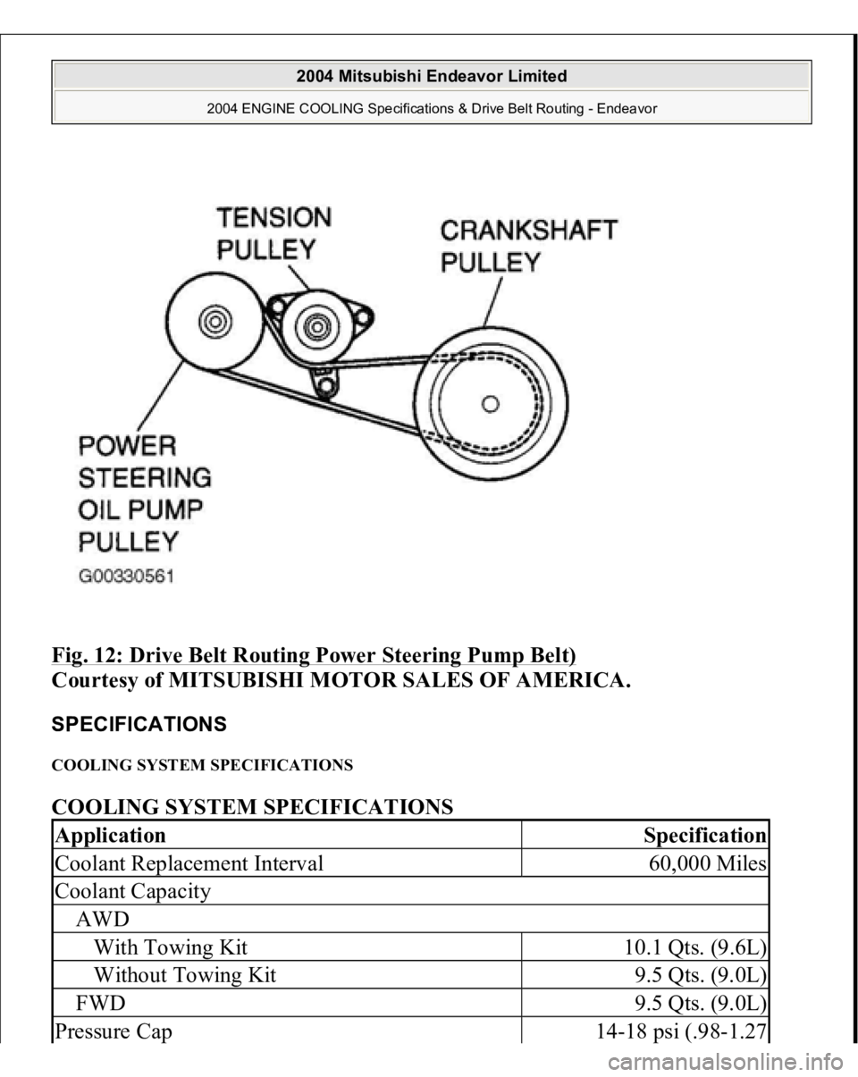 MITSUBISHI ENDEAVOR 2004  Service Repair Manual Fig. 12: Drive Belt Routing Power Steering Pump Belt)
 
Courtesy of MITSUBISHI MOTOR SALES OF AMERICA. 
SPECIFICATIONS COOLING SYSTEM SPECIFICATIONS COOLING SYSTEM SPECIFICATIONS Application
Specifica