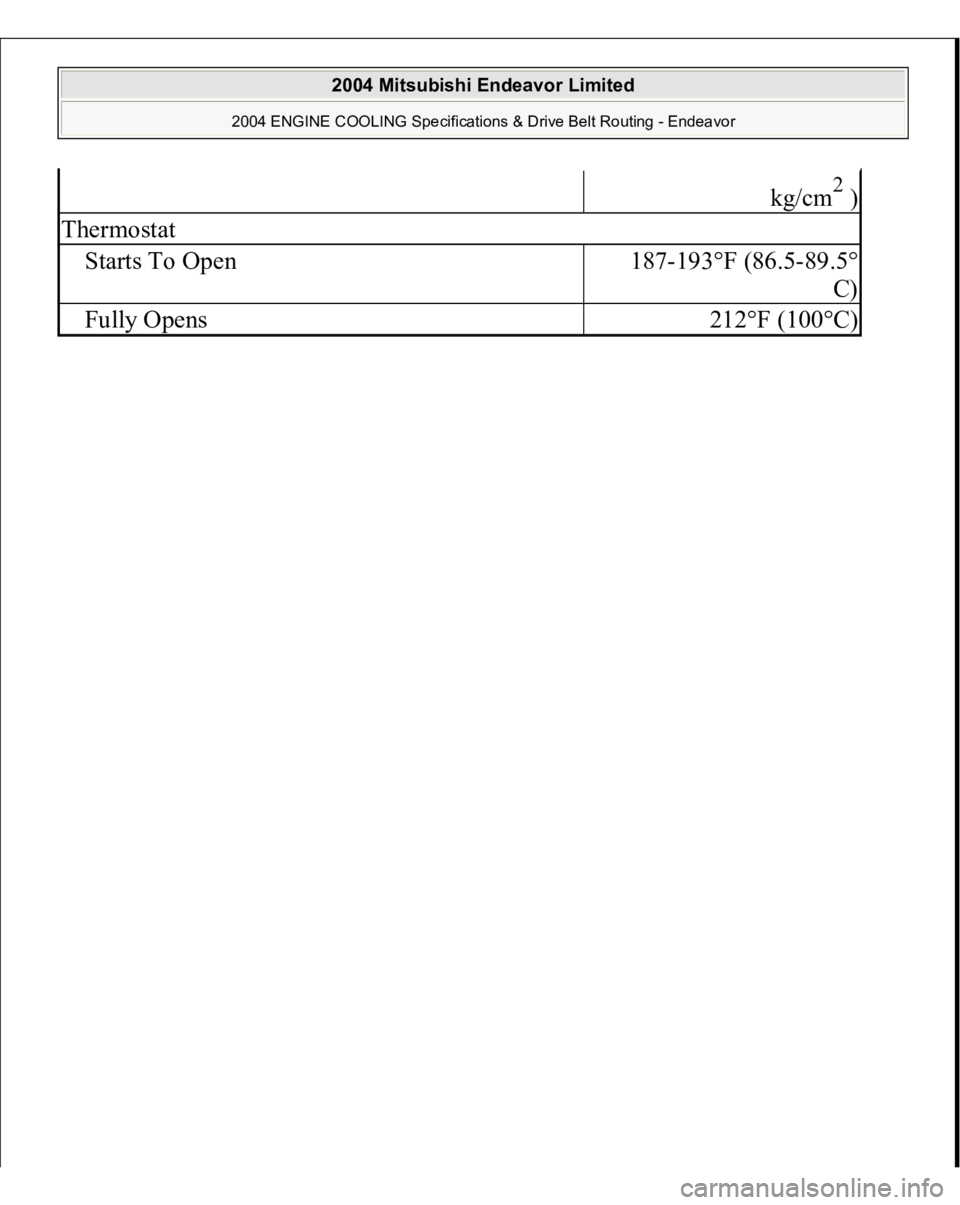 MITSUBISHI ENDEAVOR 2004  Service Repair Manual kg/cm
2 )
ThermostatStarts To Open
187-193°F (86.5-89.5°
C)
Fully Opens
212°F (100°C)
 
2004 Mitsubishi Endeavor Limited 
2004 ENGINE COOLING Specifications & Drive Belt Routing - Endeavor
   