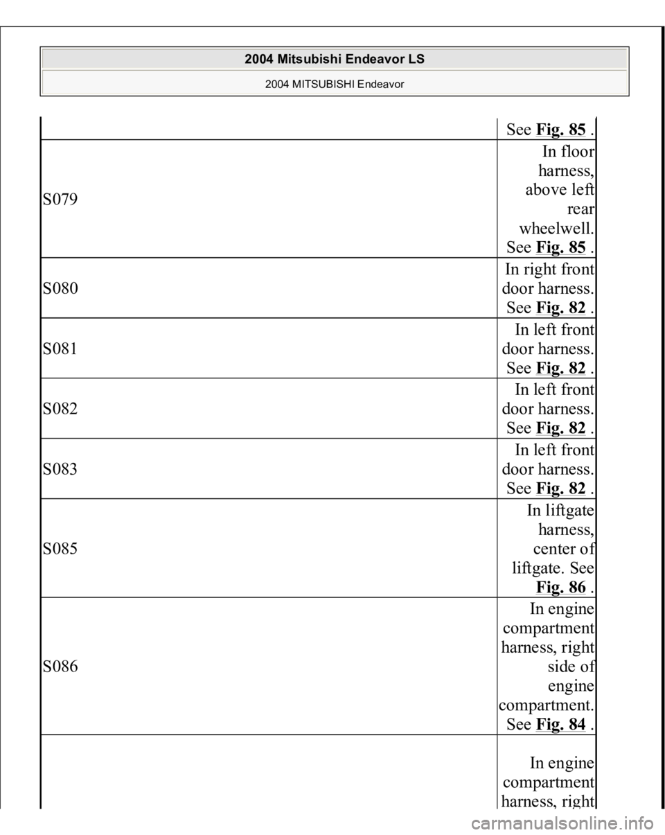 MITSUBISHI ENDEAVOR 2004  Service Repair Manual See Fig. 85
 .
S079
In floor 
harness, 
above left 
rear 
wheelwell. 
See Fig. 85
 .
S080
In right front 
door harness. 
See Fig. 82
 .
S081
In left front 
door harness. 
See Fig. 82
 .
S082
In left f