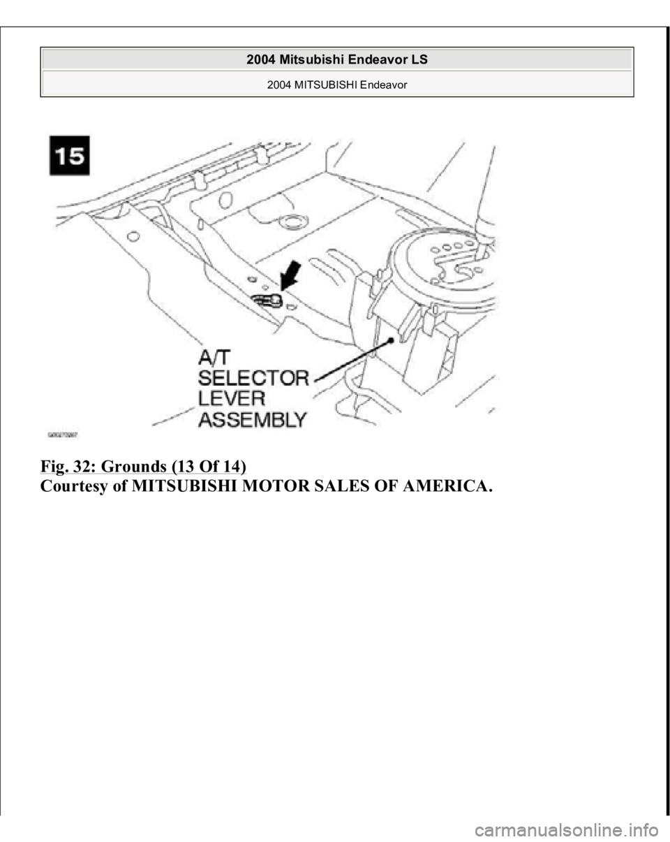 MITSUBISHI ENDEAVOR 2004  Service Repair Manual Fig. 32: Grounds (13 Of 14)
 
Courtes
y of MITSUBISHI MOTOR SALES OF AMERICA
.
 
2004 Mitsubishi Endeavor LS 
2004 MITSUBISHI Endeavor
   