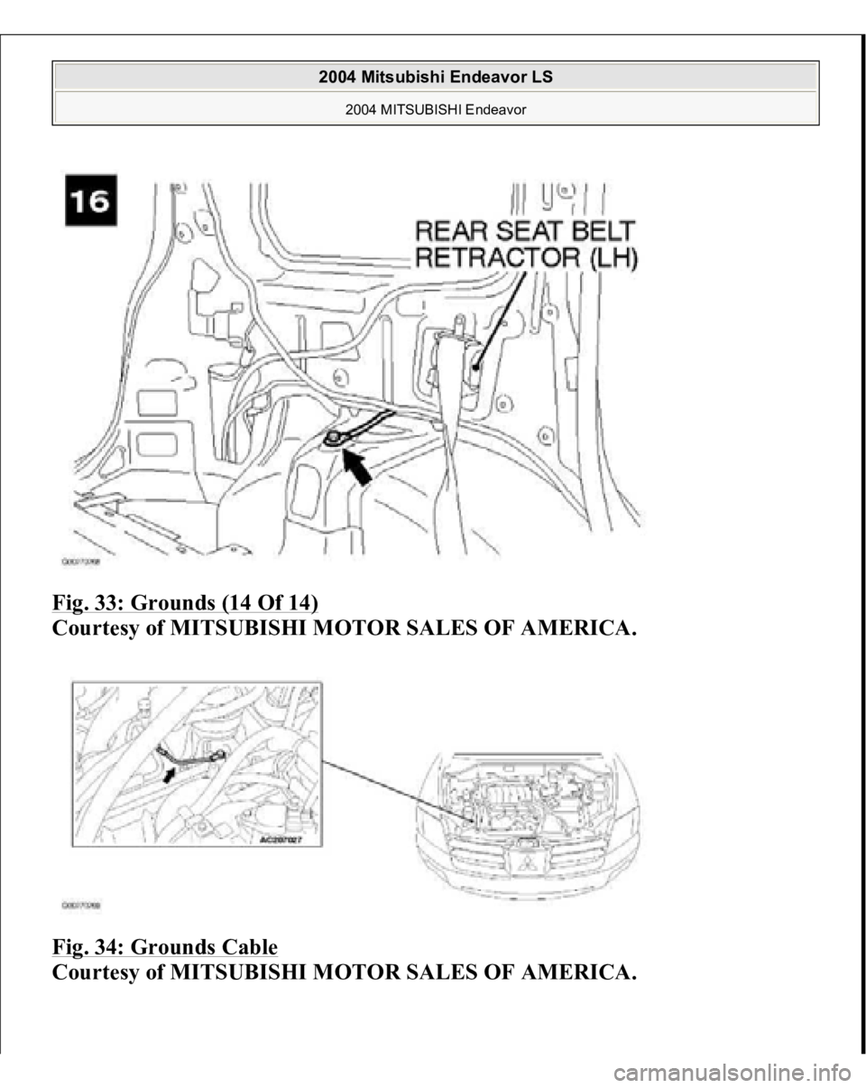MITSUBISHI ENDEAVOR 2004  Service Repair Manual Fig. 33: Grounds (14 Of 14)
 
Courtesy of MITSUBISHI MOTOR SALES OF AMERICA. 
Fig. 34: Grounds Cable
 
Courtesy of MITSUBISHI MOTOR SALES OF AMERICA.
 
2004 Mitsubishi Endeavor LS 
2004 MITSUBISHI End