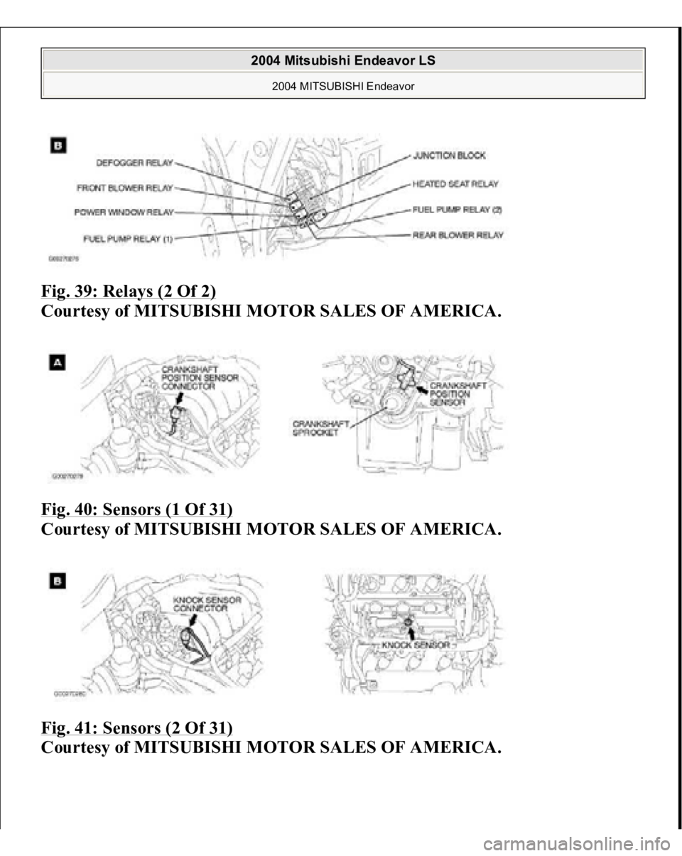 MITSUBISHI ENDEAVOR 2004  Service Repair Manual Fig. 39: Relays (2 Of 2)
 
Courtesy of MITSUBISHI MOTOR SALES OF AMERICA. 
Fig. 40: Sensors (1 Of 31) 
Courtesy of MITSUBISHI MOTOR SALES OF AMERICA. 
Fig. 41: Sensors (2 Of 31) 
Courtesy of MITSUBISH