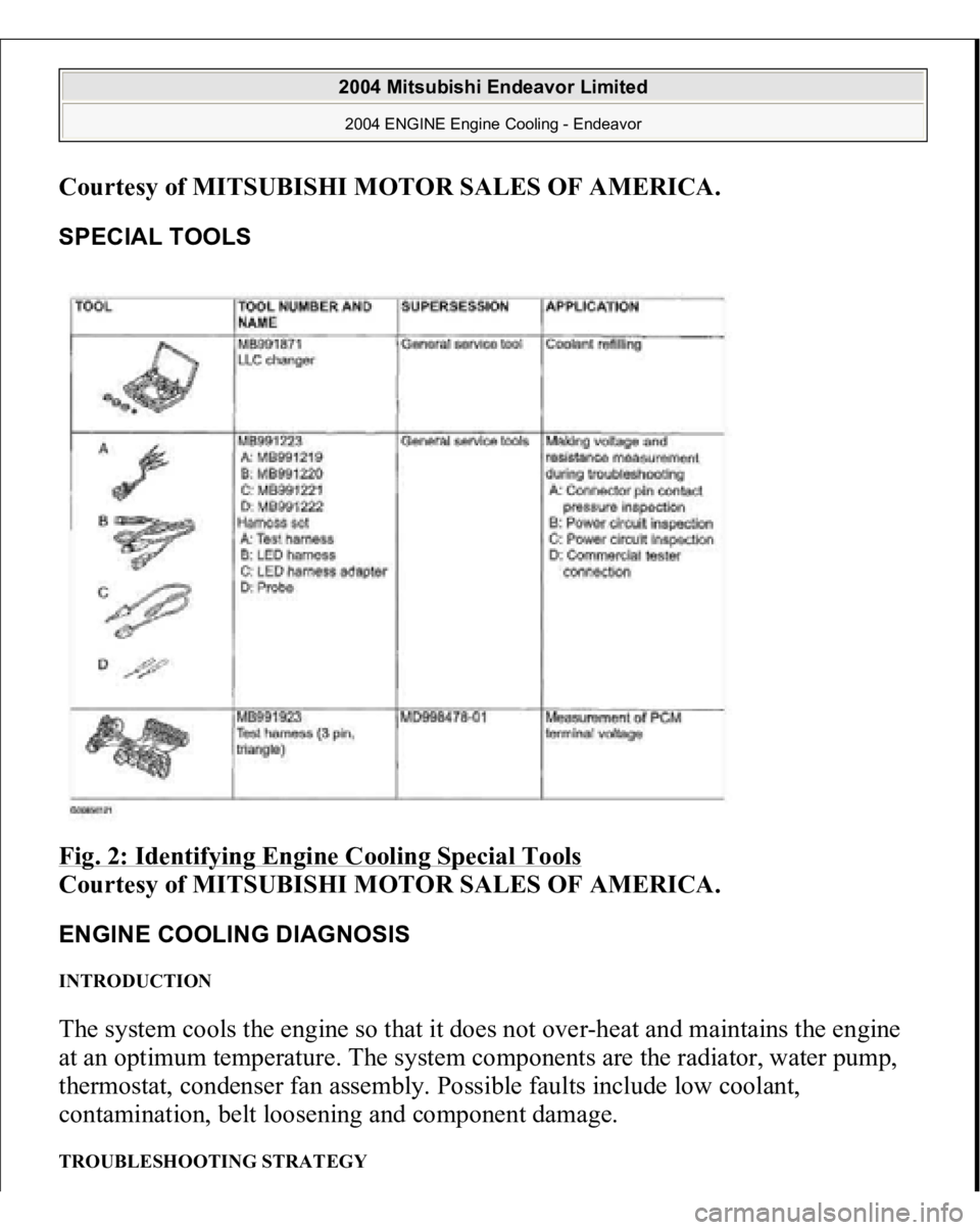MITSUBISHI ENDEAVOR 2004  Service Repair Manual Courtesy of MITSUBISHI MOTOR SALES OF AMERICA
. 
SPECIAL TOOLS Fig. 2: Identifying Engine Cooling Special Tools
 
Courtesy of MITSUBISHI MOTOR SALES OF AMERICA. 
ENGINE COOLING DIAGNOSIS INTRODUCTION 
