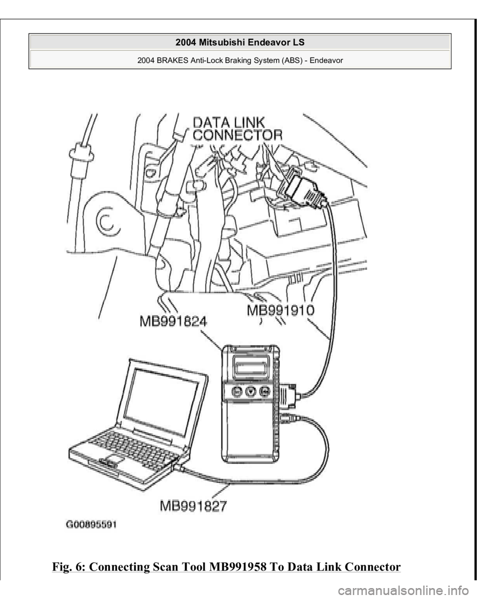 MITSUBISHI ENDEAVOR 2004  Service Repair Manual Fig. 6: Connecting Scan Tool MB991958 To Data Link Connector
 
2004 Mitsubishi Endeavor LS 
2004 BRAKES Anti-Lock Braking System (ABS) - Endeavor
   