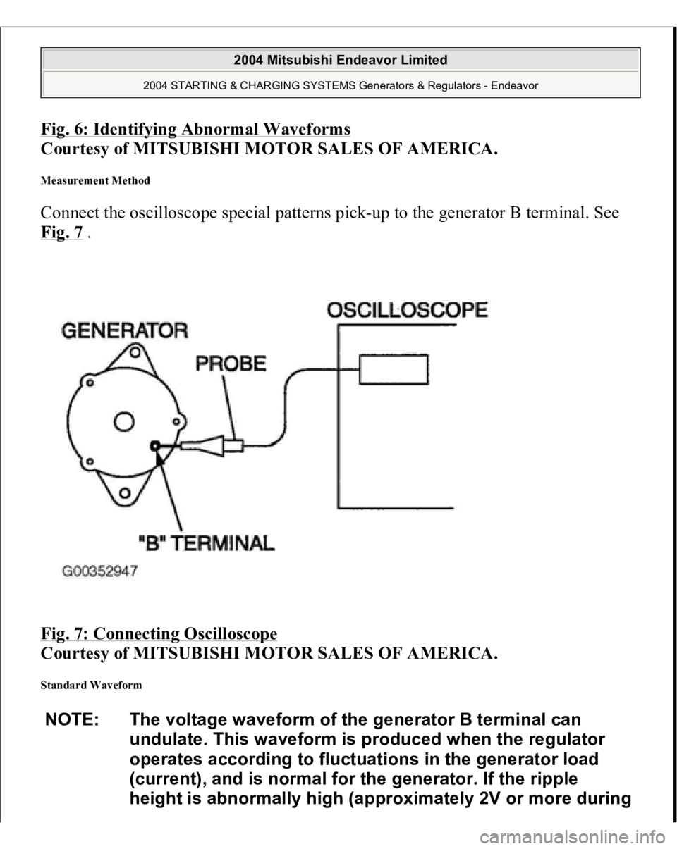 MITSUBISHI ENDEAVOR 2004  Service Repair Manual Fig. 6: Identifying Abnormal Waveforms
 
Courtesy of MITSUBISHI MOTOR SALES OF AMERICA. 
Measurement Method Connect the oscilloscope special patterns pick-up to the generator B terminal. See 
Fig. 7
 