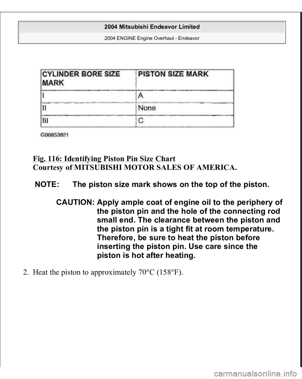 MITSUBISHI ENDEAVOR 2004  Service Repair Manual Fig. 116: Identifying Piston Pin Size Chart
 
Courtesy of MITSUBISHI MOTOR SALES OF AMERICA. 
2. Heat the piston to approximately 70°C (158°F). 
NOTE: The piston size mark shows on the top of the pi
