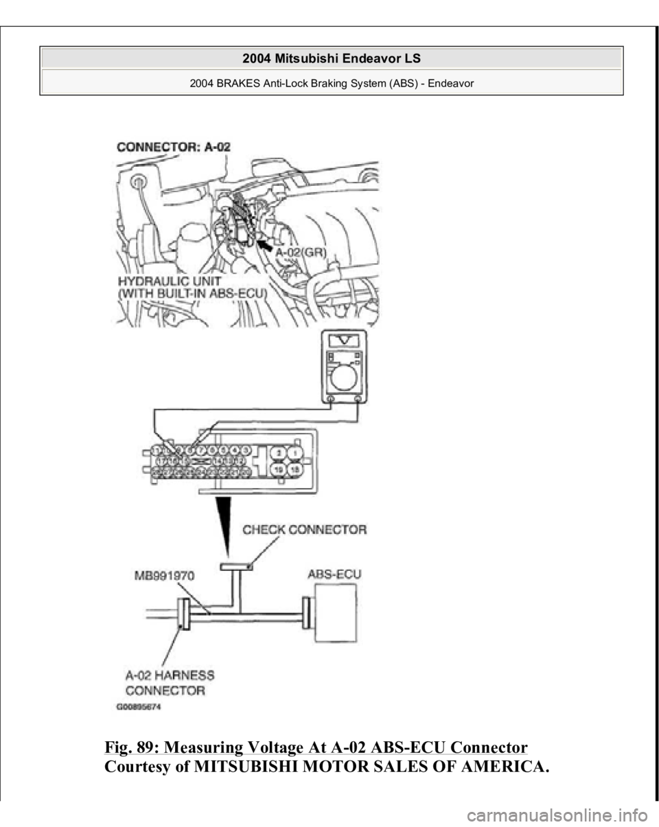 MITSUBISHI ENDEAVOR 2004  Service Repair Manual Fig. 89: Measuring Voltage At A
-02 ABS
-ECU Connector
 
Courtes
y of MITSUBISHI MOTOR SALES OF AMERICA
.
 
2004 Mitsubishi Endeavor LS 
2004 BRAKES Anti-Lock Braking System (ABS) - Endeavor
   