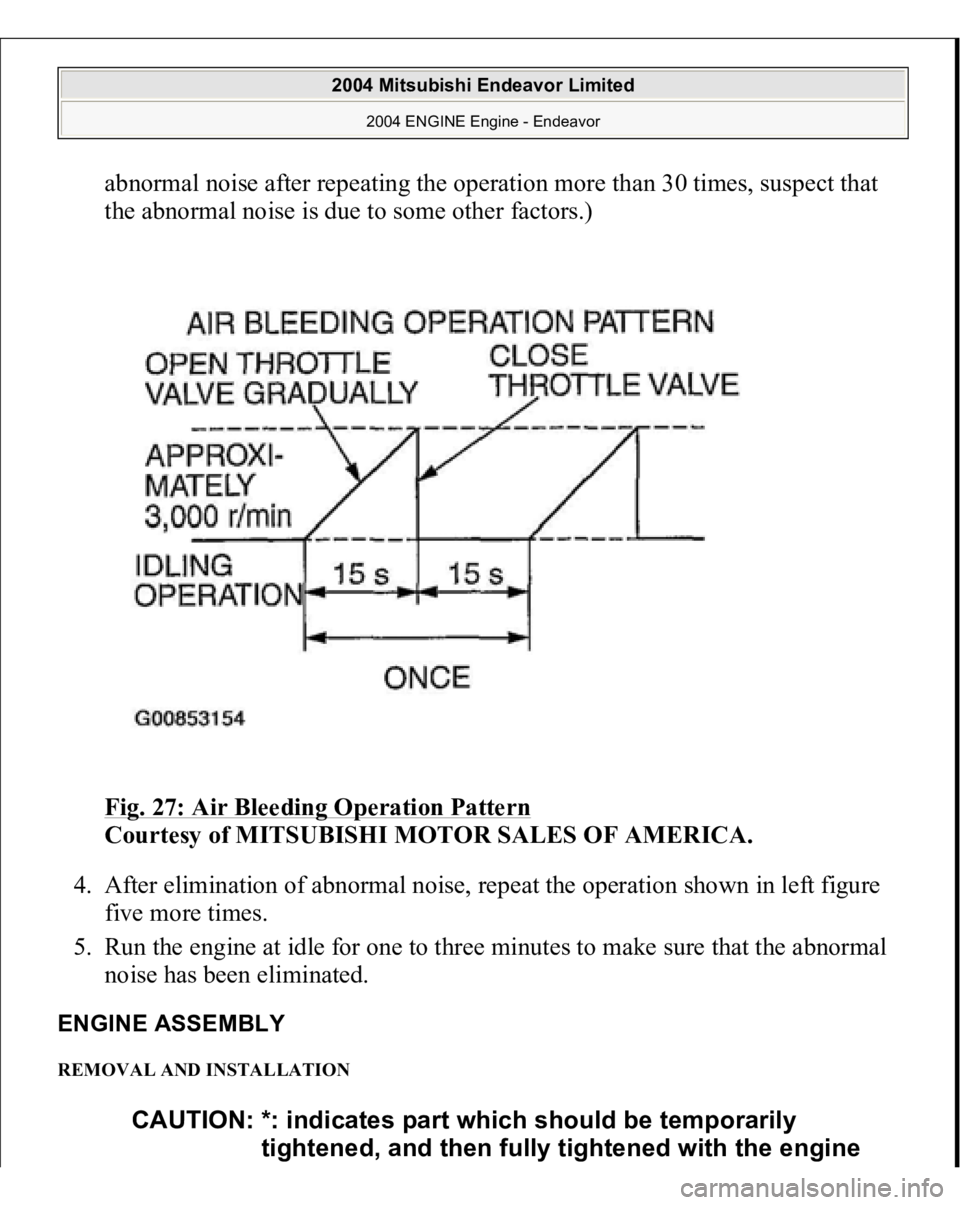 MITSUBISHI ENDEAVOR 2004  Service Repair Manual abnormal noise after repeating the operation more than 30 times, suspect that 
the abnormal noise is due to some other factors.) 
Fig. 27: Air Bleeding Operation Pattern
 
Courtesy of MITSUBISHI MOTOR