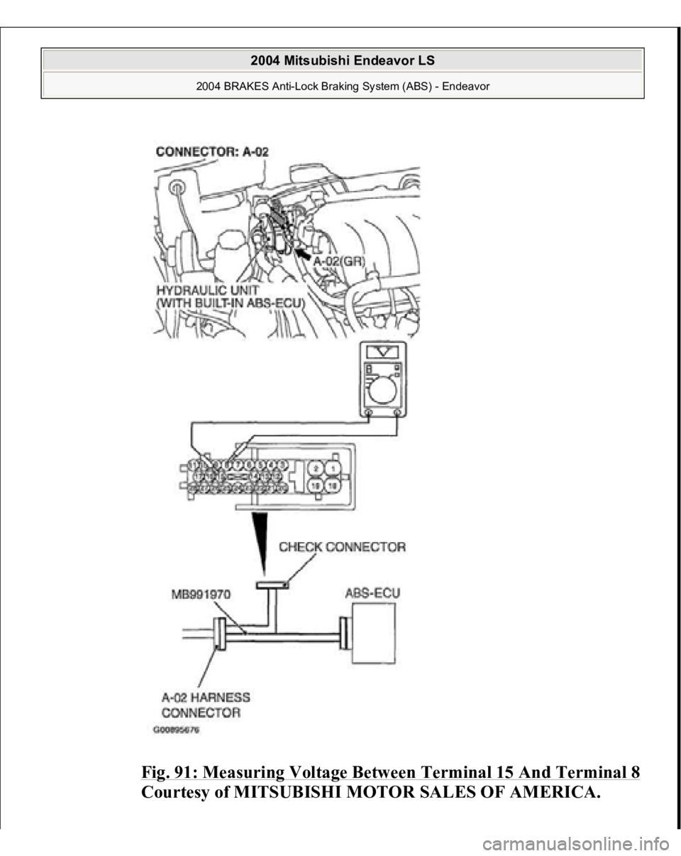 MITSUBISHI ENDEAVOR 2004  Service Repair Manual Fig. 91: Measuring Voltage Between Terminal 15 And Terminal 8Courtesy of MITSUBISHI MOTOR SALES OF AMERICA.
 
2004 Mitsubishi Endeavor LS 
2004 BRAKES Anti-Lock Braking System (ABS) - Endeavor
   