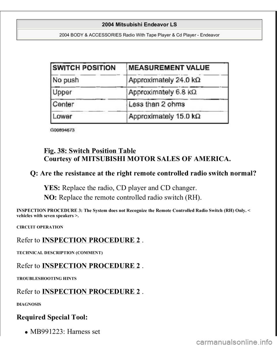 MITSUBISHI ENDEAVOR 2004  Service Repair Manual Fig. 38: Switch Position Table
 
Courtesy of MITSUBISHI MOTOR SALES OF AMERICA. 
Q: Are the resistance at the right remote controlled radio switch normal?  
YES: Replace the radio, CD player and CD ch