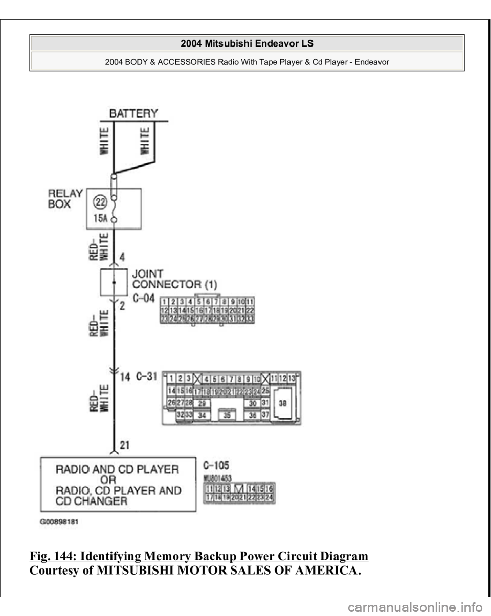 MITSUBISHI ENDEAVOR 2004  Service Repair Manual Fig. 144: Identifying Memory Backup Power Circuit Diagram
 
Courtesy of MITSUBISHI MOTOR SALES OF AMERICA.
 
2004 Mitsubishi Endeavor LS 
2004 BODY & ACCESSORIES Radio With Tape Player & Cd Player - E