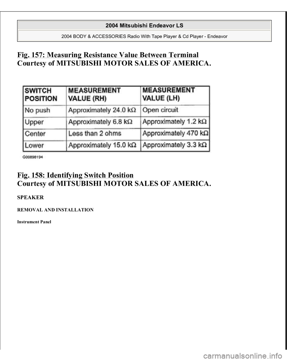 MITSUBISHI ENDEAVOR 2004  Service Repair Manual Fig. 157: Measuring Resistance Value Between Terminal
 
Courtesy of MITSUBISHI MOTOR SALES OF AMERICA. 
Fig. 158: Identifying Switch Position
 
Courtesy of MITSUBISHI MOTOR SALES OF AMERICA. 
SPEAKER 