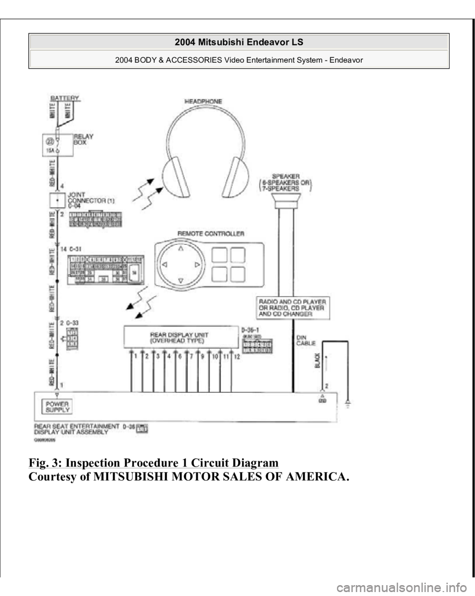 MITSUBISHI ENDEAVOR 2004  Service Repair Manual Fig. 3: Inspection Procedure 1 Circuit Diagram
 
Courtesy of MITSUBISHI MOTOR SALES OF AMERICA.
 
2004 Mitsubishi Endeavor LS 
2004 BODY & ACCESSORIES Video Entertainment System - Endeavor
   