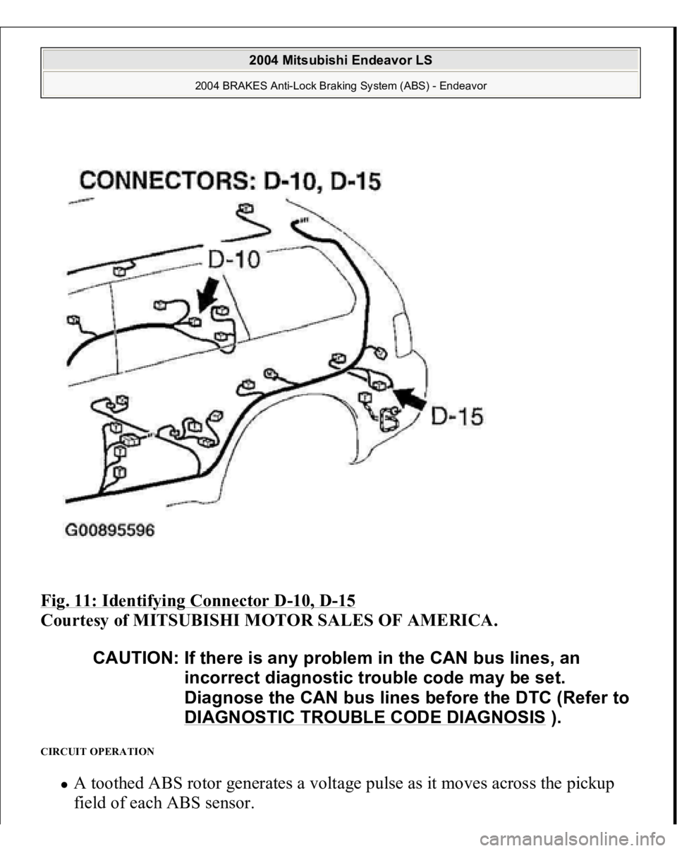 MITSUBISHI ENDEAVOR 2004  Service Repair Manual Fig. 11: Identifying Connector D
-10, D
-15 
Courtesy of MITSUBISHI MOTOR SALES OF AMERICA. 
CIRCUIT OPERATION 
A toothed ABS rotor generates a voltage pulse as it moves across the pickup 
field of ea